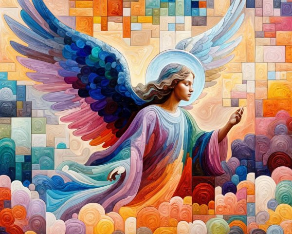 Majestic Angel with Multicolored Wings in Dreamlike Scene