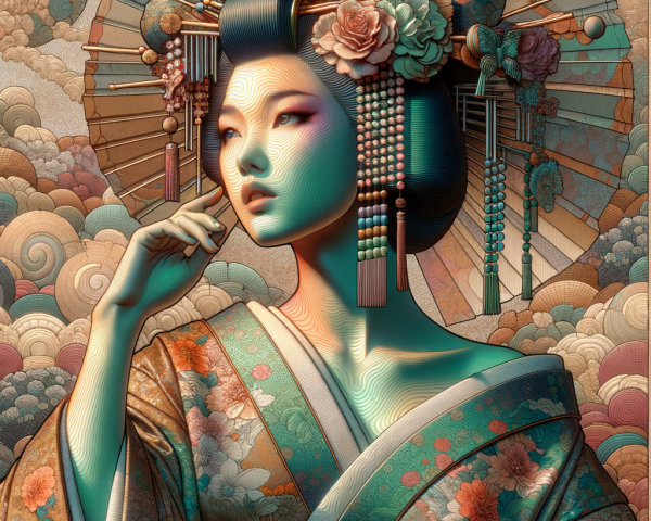 Close-up Portrait of a Geisha with Teal Skin