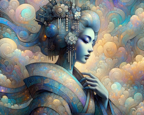 Celestial Geisha Portrait with Starry Night Background