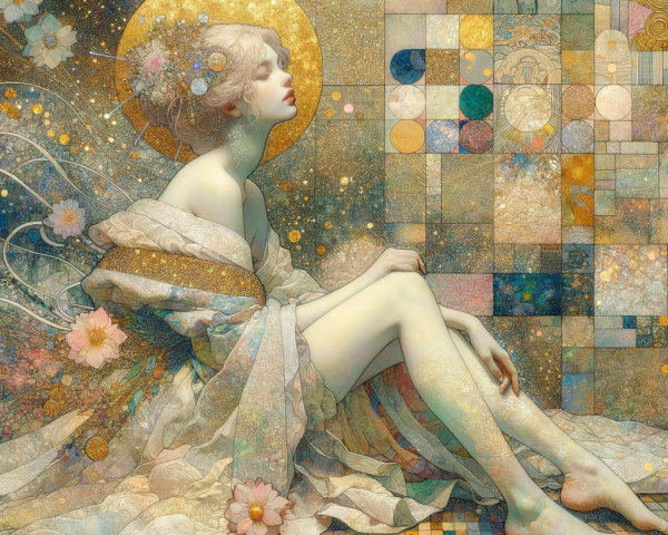 Serene Figure in Ethereal Gown with Geometric Background
