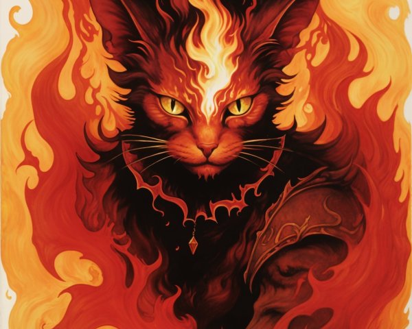 Fierce anthropomorphic cat in vibrant flames and bold style