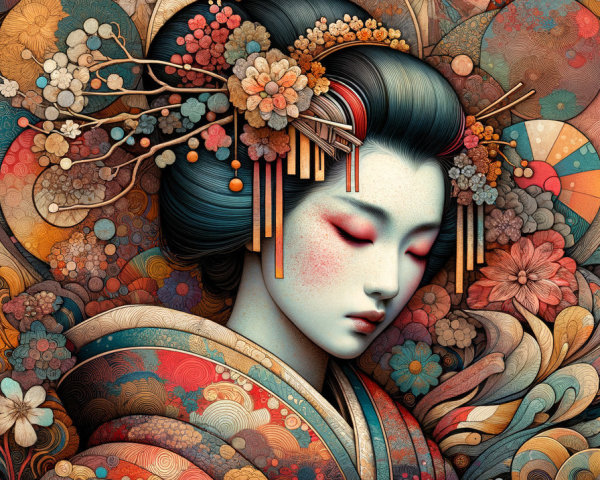 Stylized Japanese Woman in Floral Kimono Design