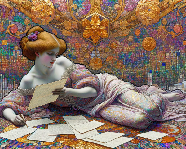Serene Woman Writing on Decorative Floral Surface