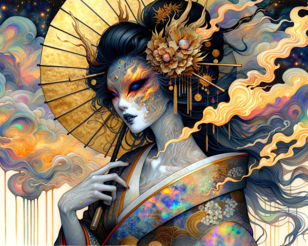 Serene figure in ornate fabrics with mystical atmosphere