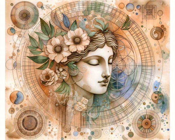 Ethereal Woman's Face with Floral and Geometric Elements