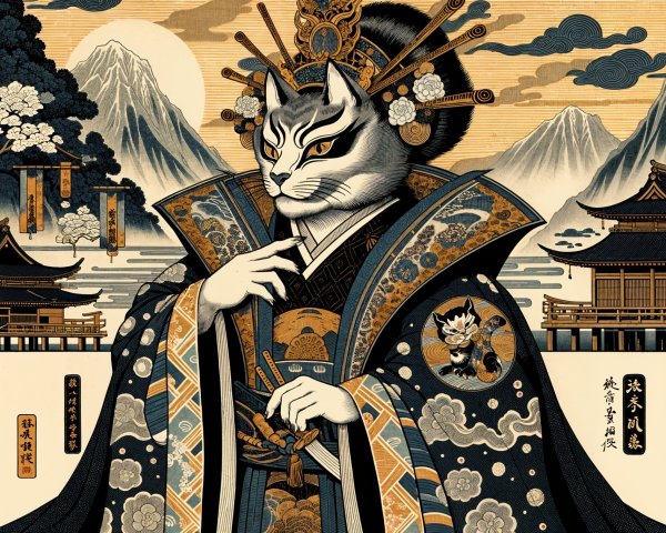 Majestic figure in traditional Japanese attire with cat head