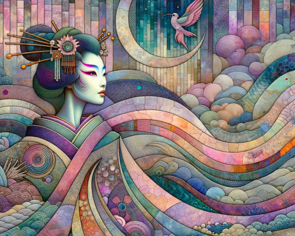 Stylized Female Figure with Japanese Cultural Elements