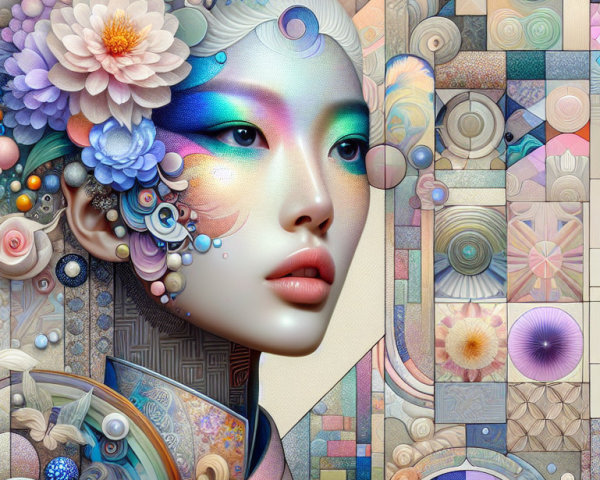 Stylized portrait of a woman with flowers and patterns