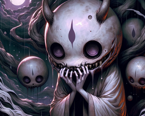 Haunting Figure in Shadowy Landscape with Skulls
