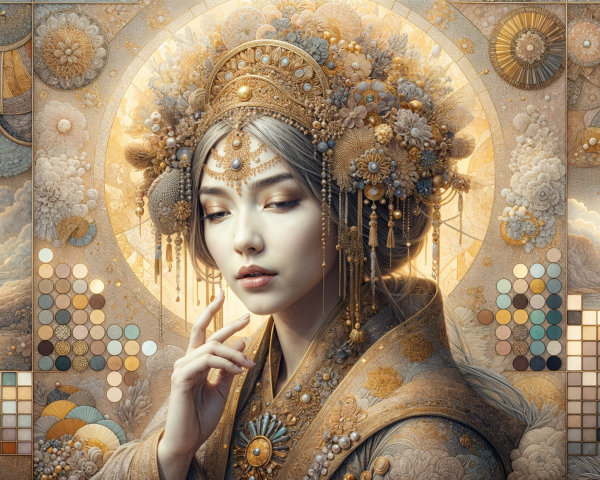 Elegant figure in golden attire with floral backdrop