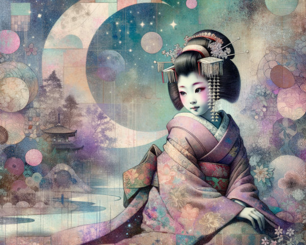 Serene Figure in Traditional Japanese Attire Against Celestial Backdrop