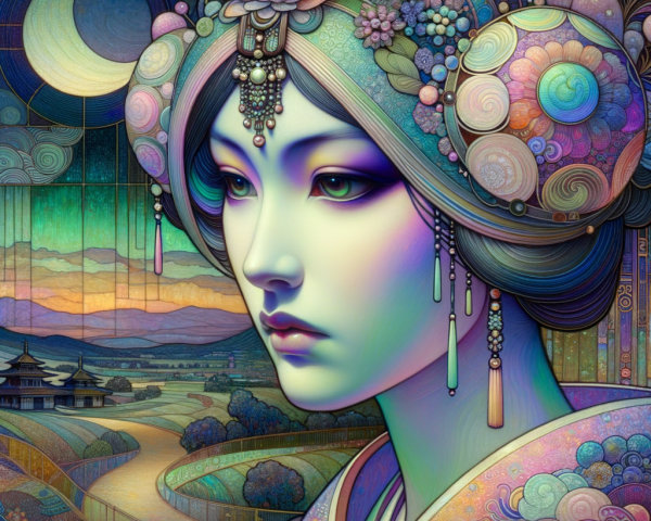 Stylized portrait of a woman with colorful hair and landscape