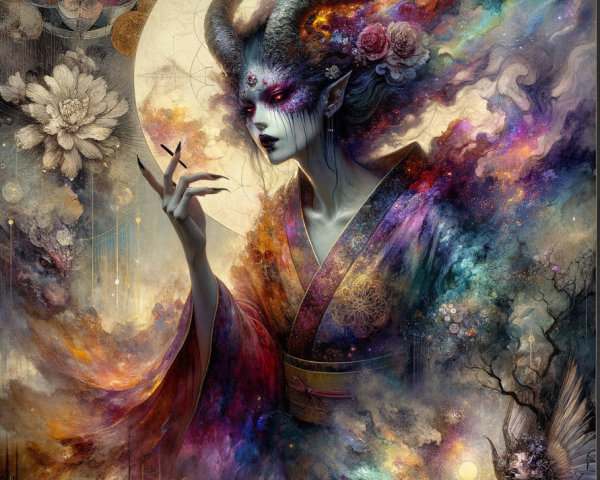 Mystical Figure in Kimono Against Cosmic Backdrop