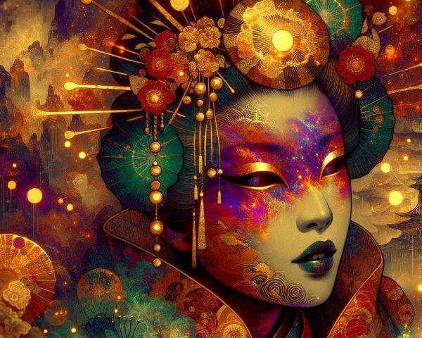 Portrait of a woman with celestial patterns and headdress