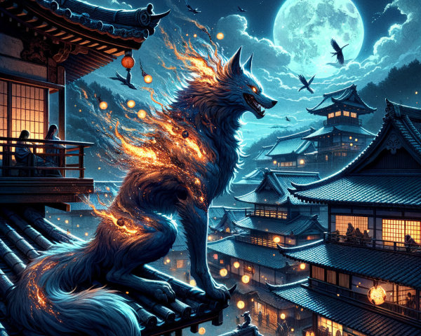 Fiery Wolf on Rooftop Under Full Moon in Village