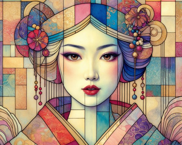 Stylized Portrait of a Woman in Vibrant Kimono