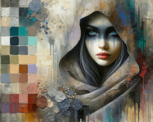 Portrait of a girl in gray hood with blue eyes