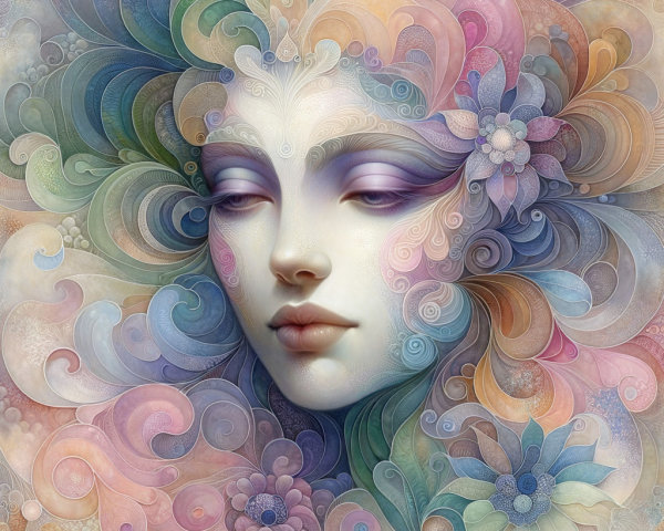 Ethereal Face Surrounded by Pastel Floral Patterns