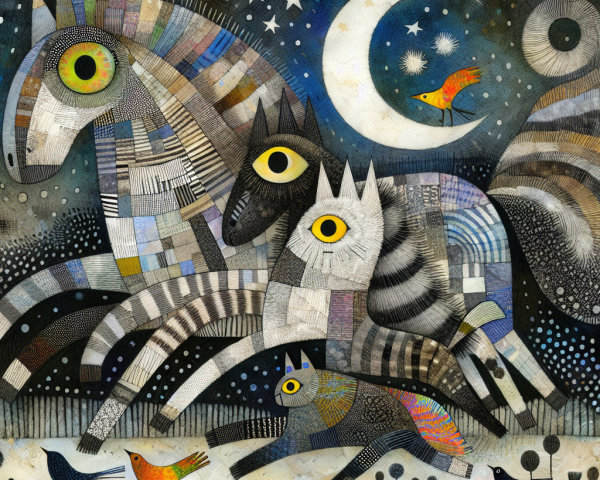 Whimsical Animals in a Starry Night Sky Artwork