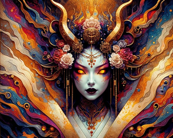 Mystical Figure with Floral Headpieces and Color Swirls