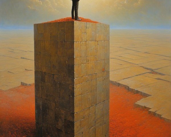 Solitary Figure on Cube Amidst Red Blooms and Sun