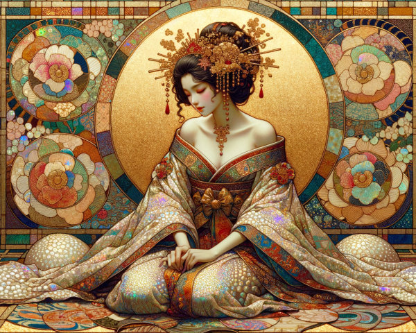 Serene Woman in Ornate Kimono Surrounded by Flowers