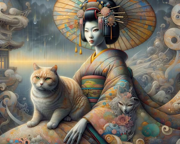 Geisha-like figure with tabby cat in ornate kimono