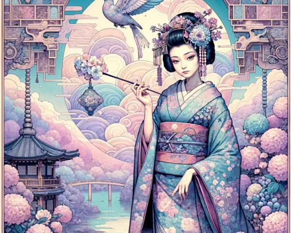 Pastel Illustration of a Geisha with a Bird and Temple