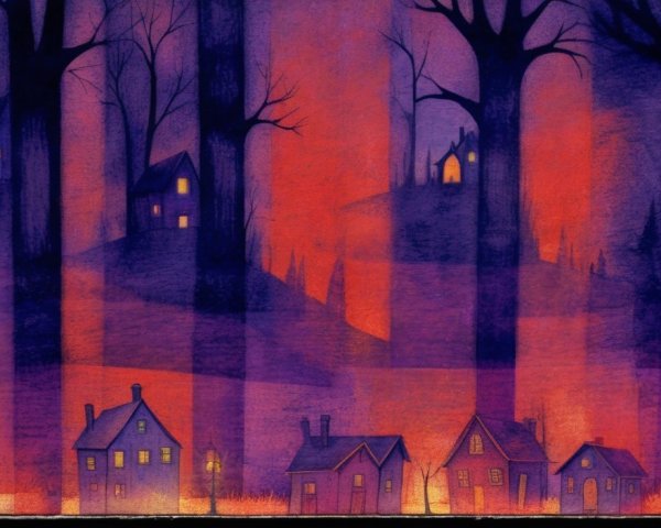Whimsical Twilight Landscape with Glowing Houses