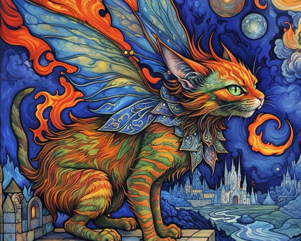 Vibrant Cat with Fiery Wings Against Starry Background