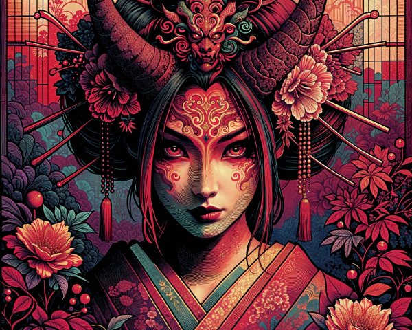 Detailed Close-Up of Japanese Oni Mask Girl in Kimono