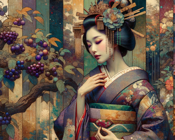 Japanese geisha in floral kimono with elaborate hairstyle