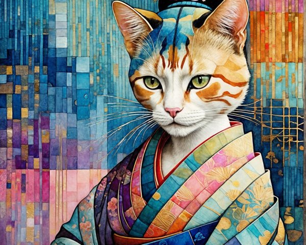 Colorful Cat Portrait in Traditional Kimono Design