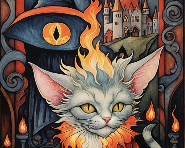 Whimsical Cat in Red Coat with Magical Background