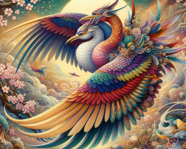 Mythical Two-Headed Bird in Colorful Landscape
