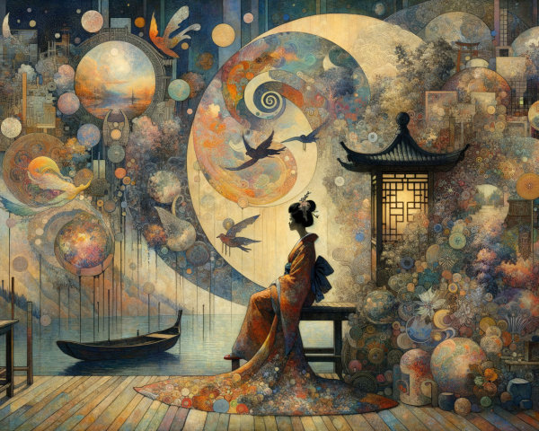 Japanese woman in floral kimono on elegant porch scene