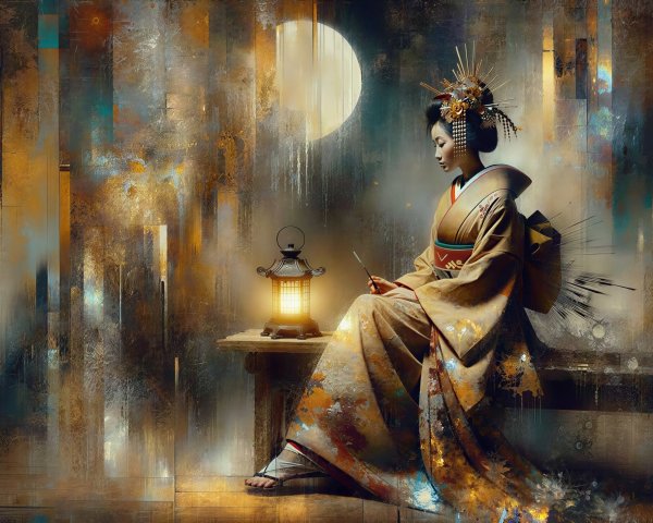 Abstract Painting of a Geisha at a Table with Lantern