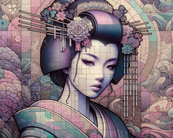 Anime-style geisha portrait with pastel floral mosaic