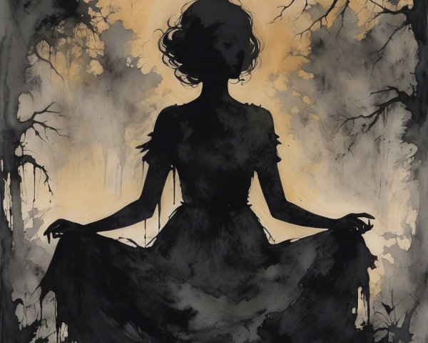 Silhouette of a Young Woman in Dark Forest Setting