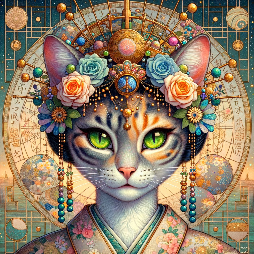 Intricately Designed Cat with Green Eyes and Headdress