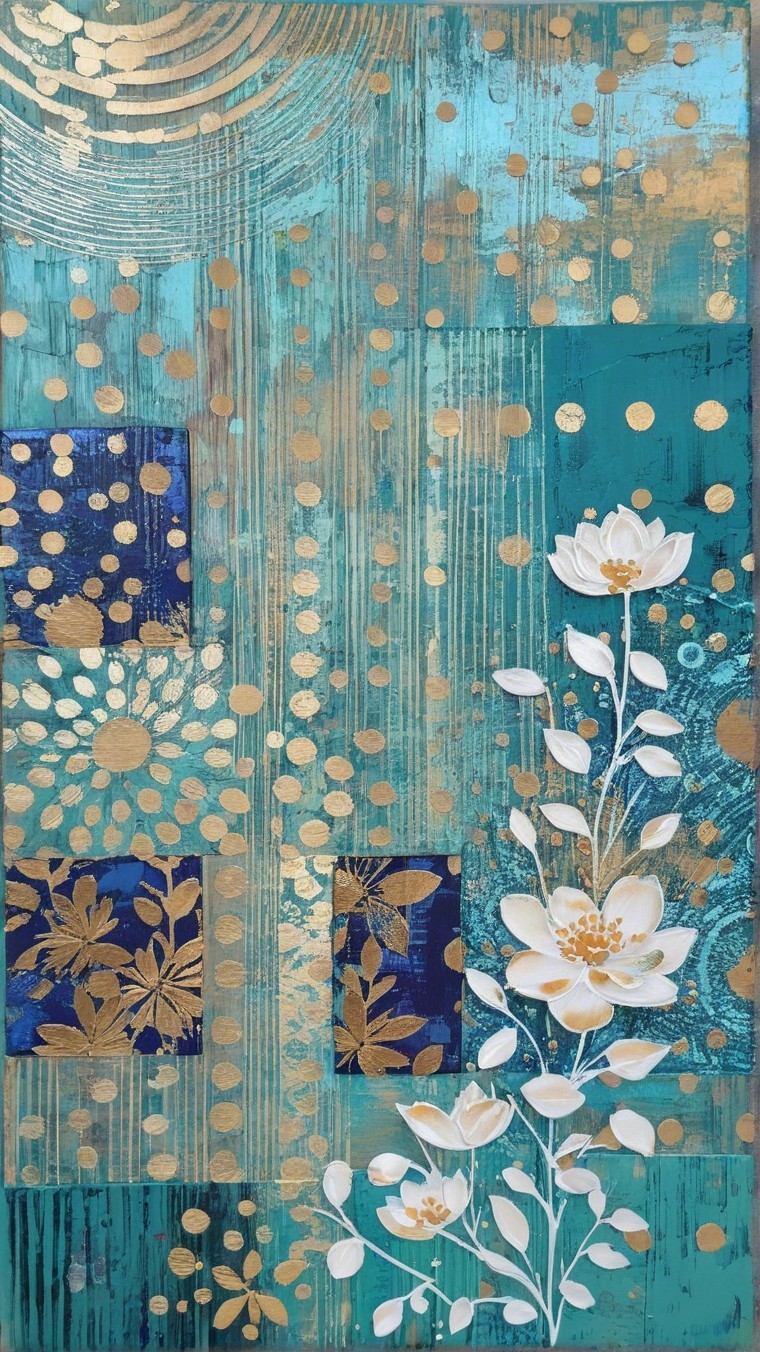 Abstract Composition with Teal Background and Flowers