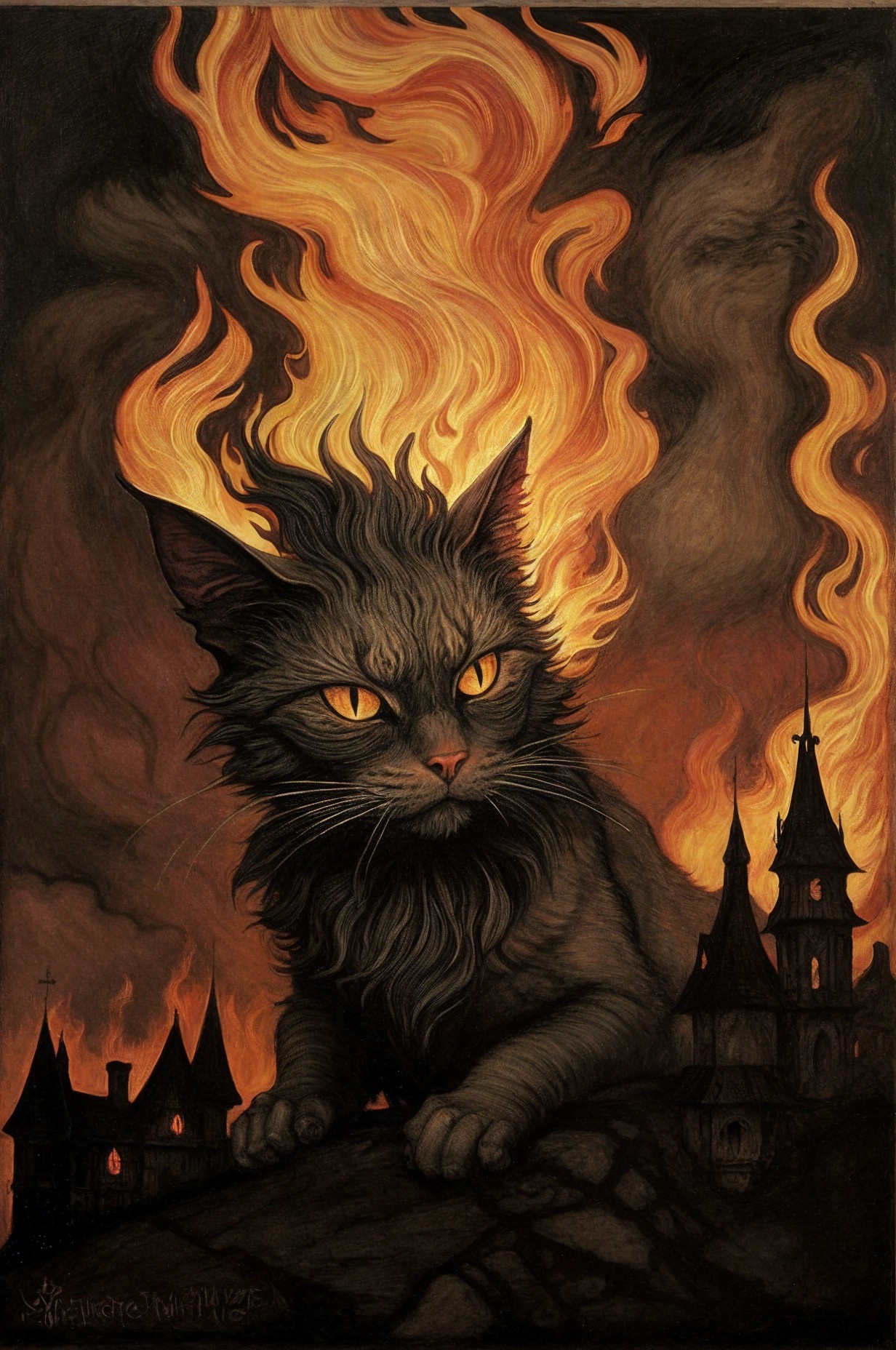 Majestic Black Cat in Gothic Fantasy Landscape
