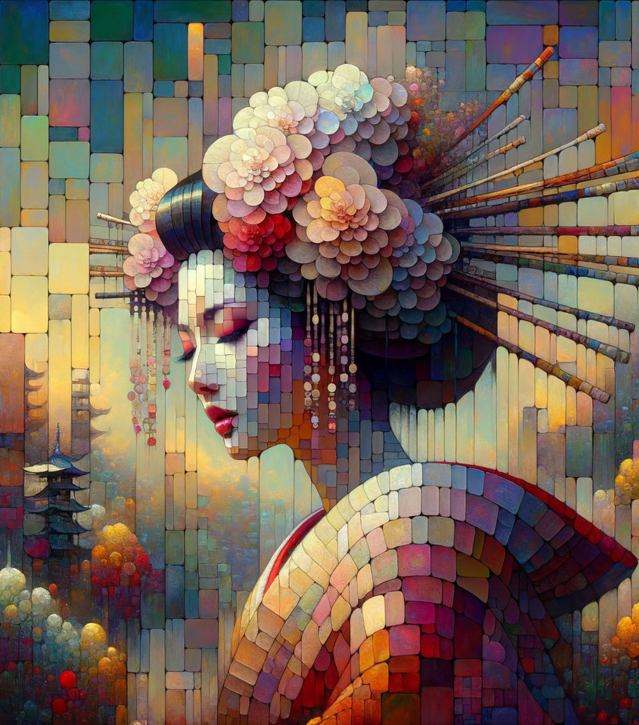 Serene Woman in Floral Headdress Against Mosaic Background