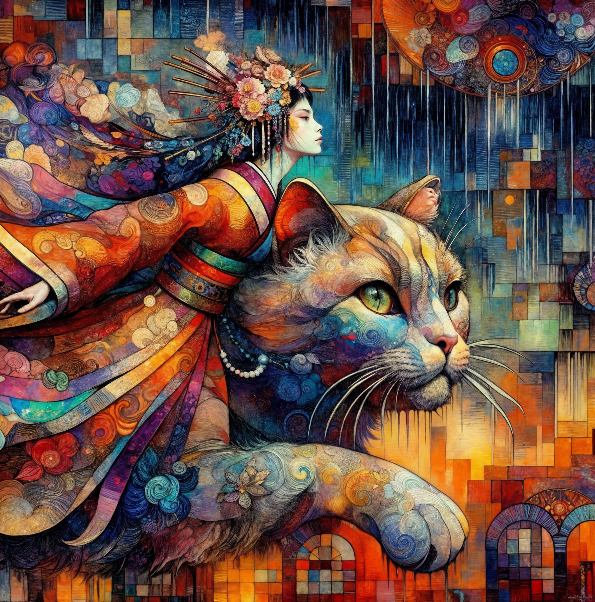 Surreal Scene of Woman on Cat in Vibrant Colors