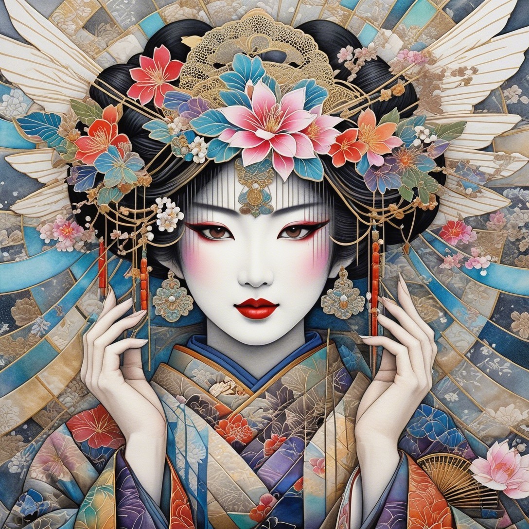 Intricate Japanese Art Illustration of a Woman in Kimono