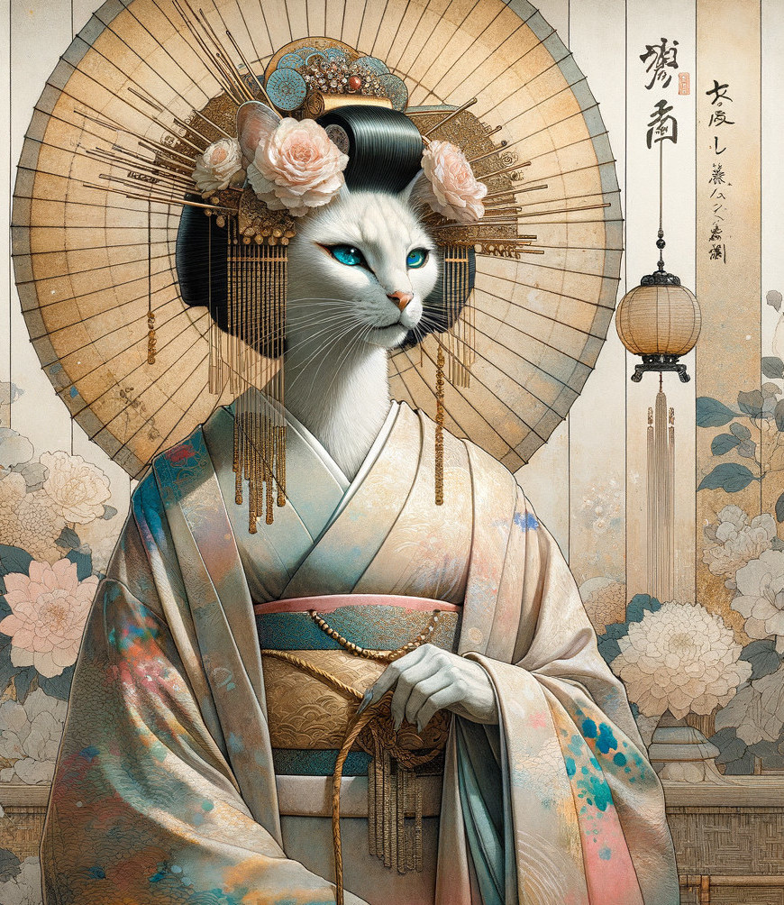 Feline Figure Styled as a Traditional Japanese Geisha