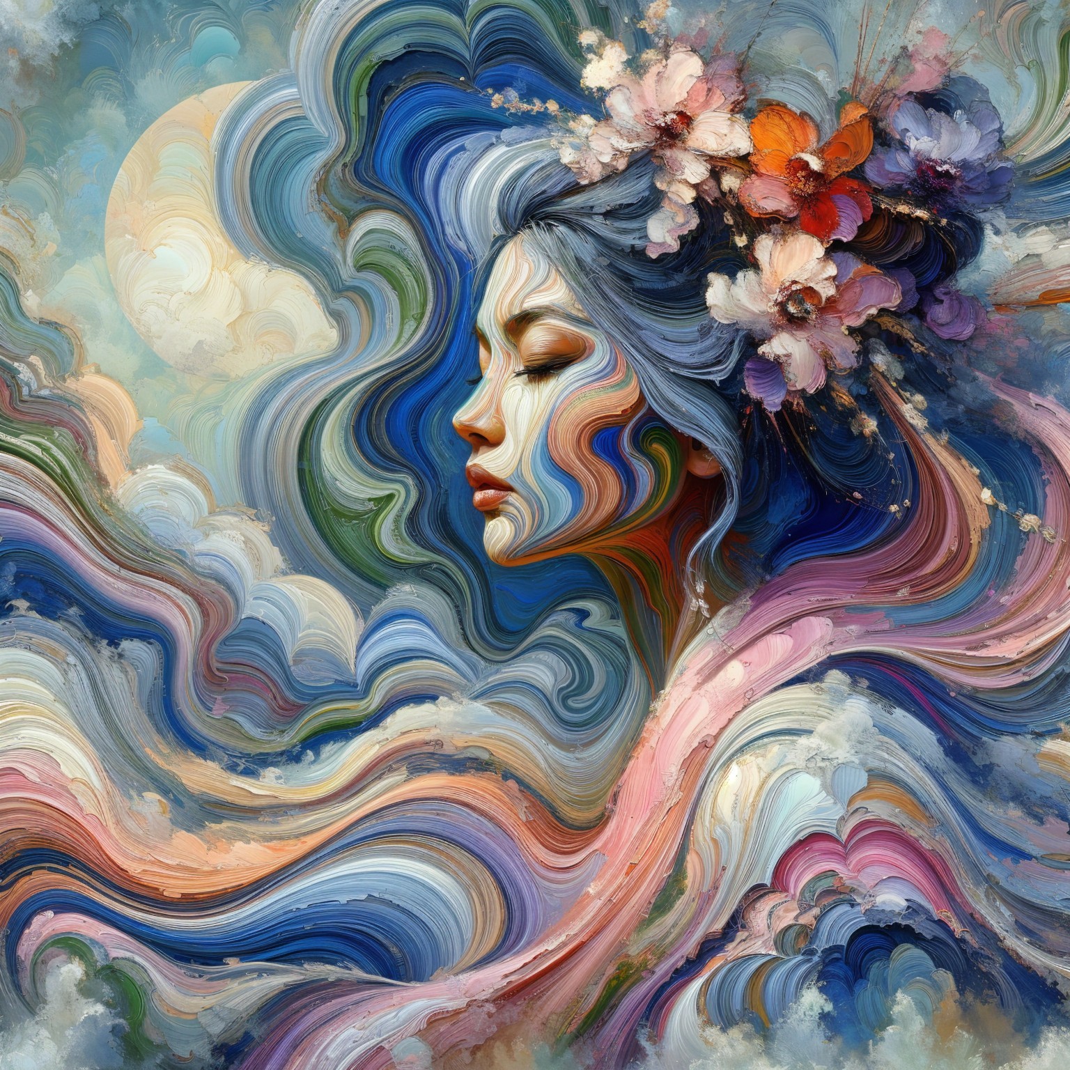 Dreamy Portrait of Woman with Flowers and Waves