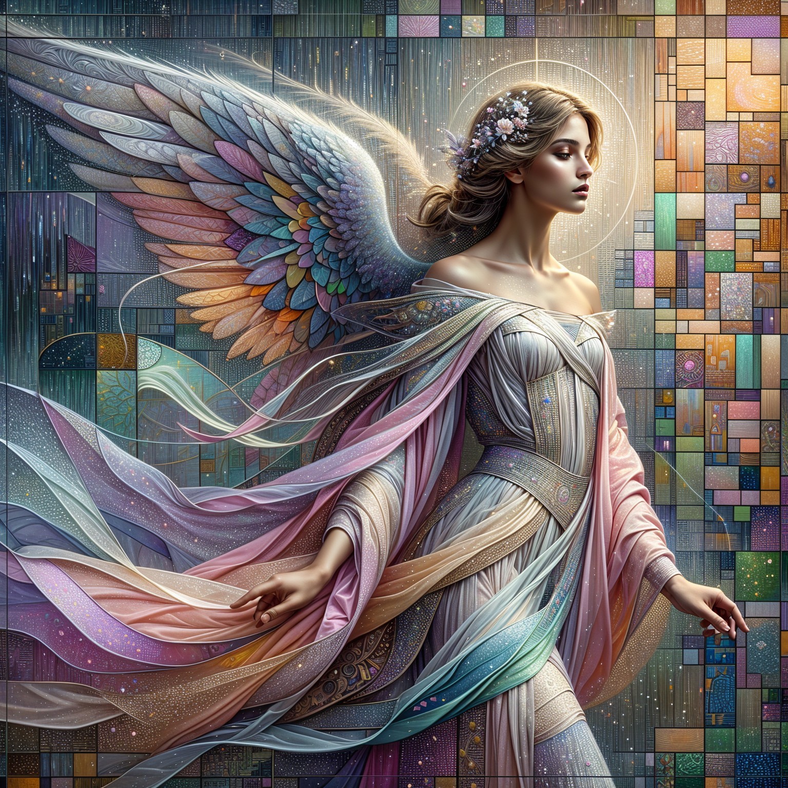 Angelic Figure with Iridescent Wings and Floral Crown