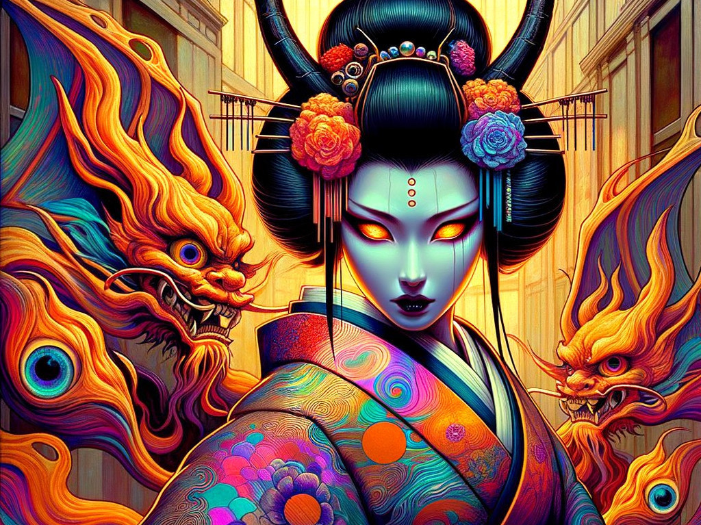 Vibrant Artwork of Mystical Figure in Japanese Culture