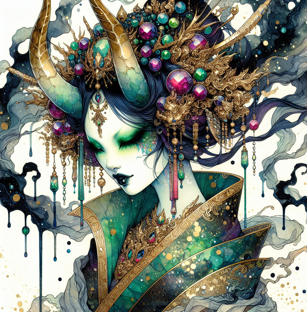 Mystical figure with ornate accessories and flowing hair